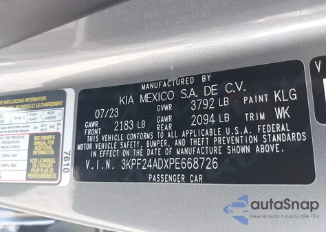 2023 Kia Forte Lxs из США, поврежденный, VIN 3KPF24ADXPE668726